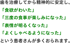 歯を治療してから精神的に安定し、「食欲がわいた」「三度の食事が楽しみになった」「表情が明るくなった」「よくしゃべるようになった」という患者さんが多くおられます。